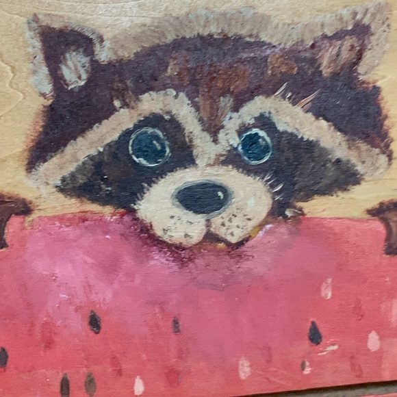 Vintage 80s super cute hand painted raccoon eating some watermelon. - Picture 4 of 10